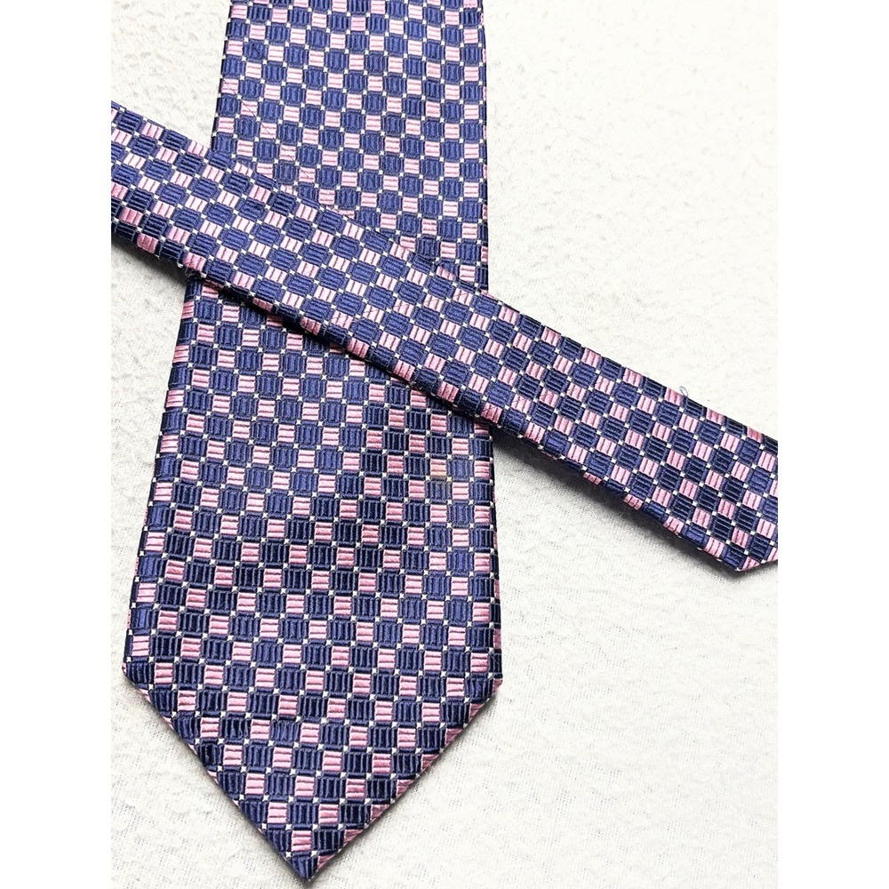 Chaps Mens Silk Necktie Navy Blue Pink Geometric Grid Check Hand Made 3.5" Wide